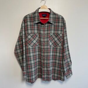 John Blair Mens Plaid Flannel Shirt Vintage Long Sleeve Button Up Gray Red  L XL